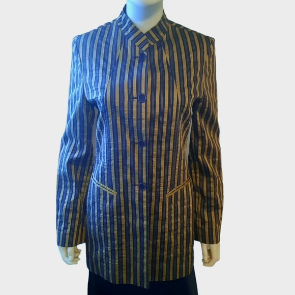 Vtg VOTRE NOM Linen Blend Striped Mandarin Collar Blazer Sz S Navy/Olive - Picture 2 of 10